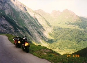 Fabulous view of the Col d'Oblisque in the Pyrennes.That scar that you can see on the side of the mountain is indeed a road, single track and very scary!