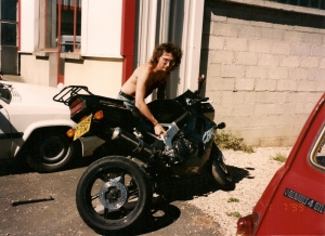 A good mate holding the bike over on the sidestand for half an hour while I try to pack some grease into a collapsed rear sprocket carrier. Caused by too much power washing and had to ride from Spain to Preston nursing it!