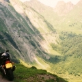 Fabulous view of the Col d'Oblisque in the Pyrennes.That scar that you can see on the side of the mountain is indeed a road, single track and very scary!